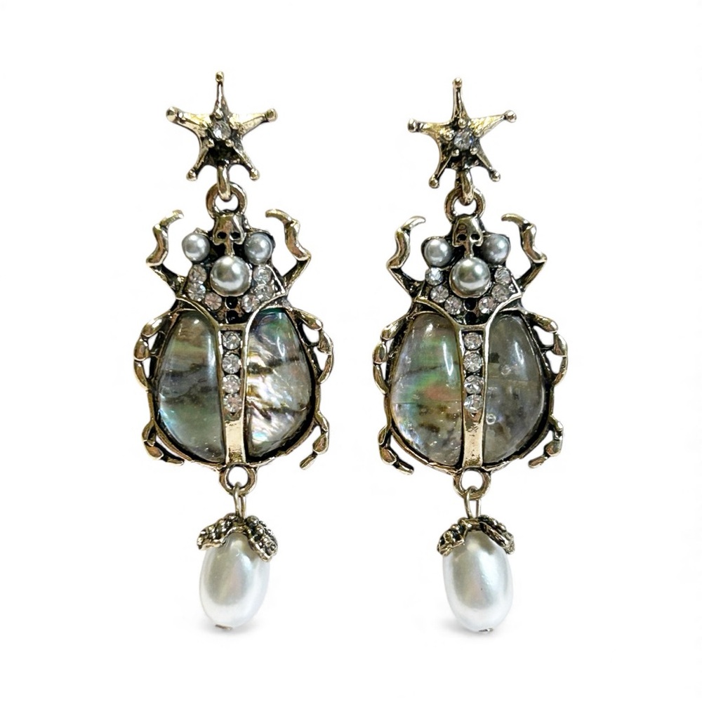 Fancy Beetle Scarab Earrings Insect Pearl Drop